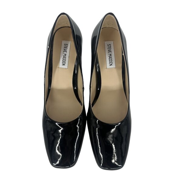 Steve Madden Black Patent Synthetic Leather Square Toe Block Heel Shoe 8.5M - Picture 3 of 7